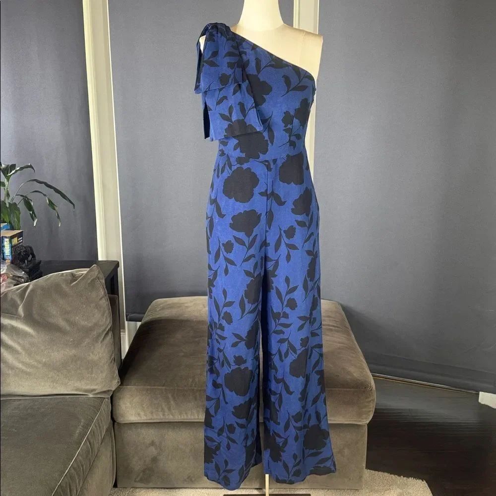 Kate Spade New York Blue Floral One-Shoulder Linen Blend Jumpsuit Size 00 NWOT